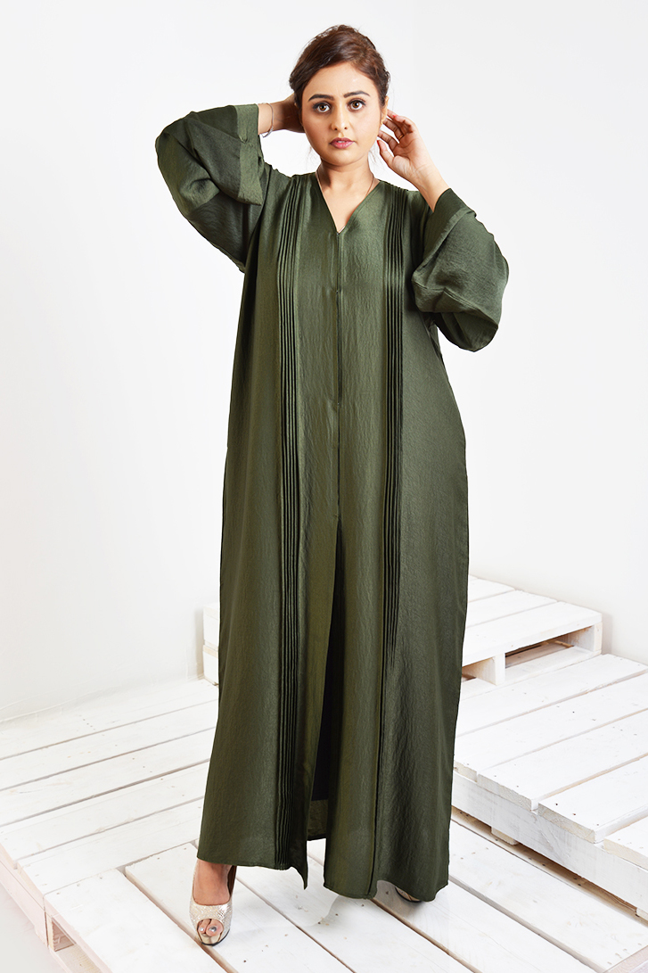 Trendy Pleating at Waist Stretchable Knits Travel Abaya Green